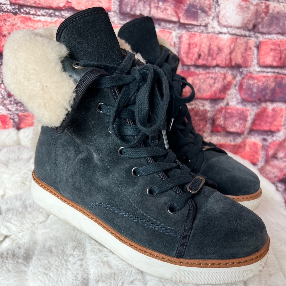 Coach Ramsey Navy Suede & Shearling High-Top Wedge Sneakers